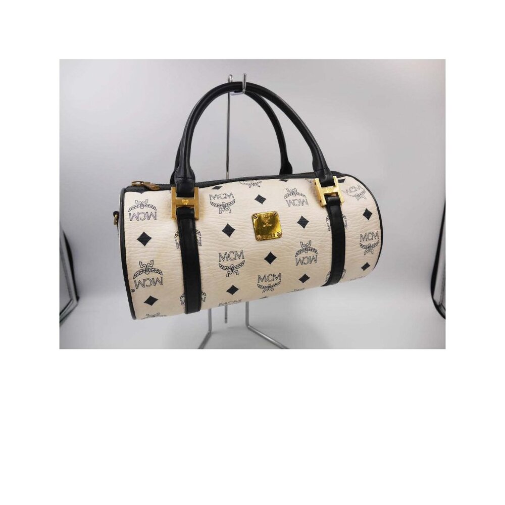 MCM Leather Black and White Logo Barrel Bag
